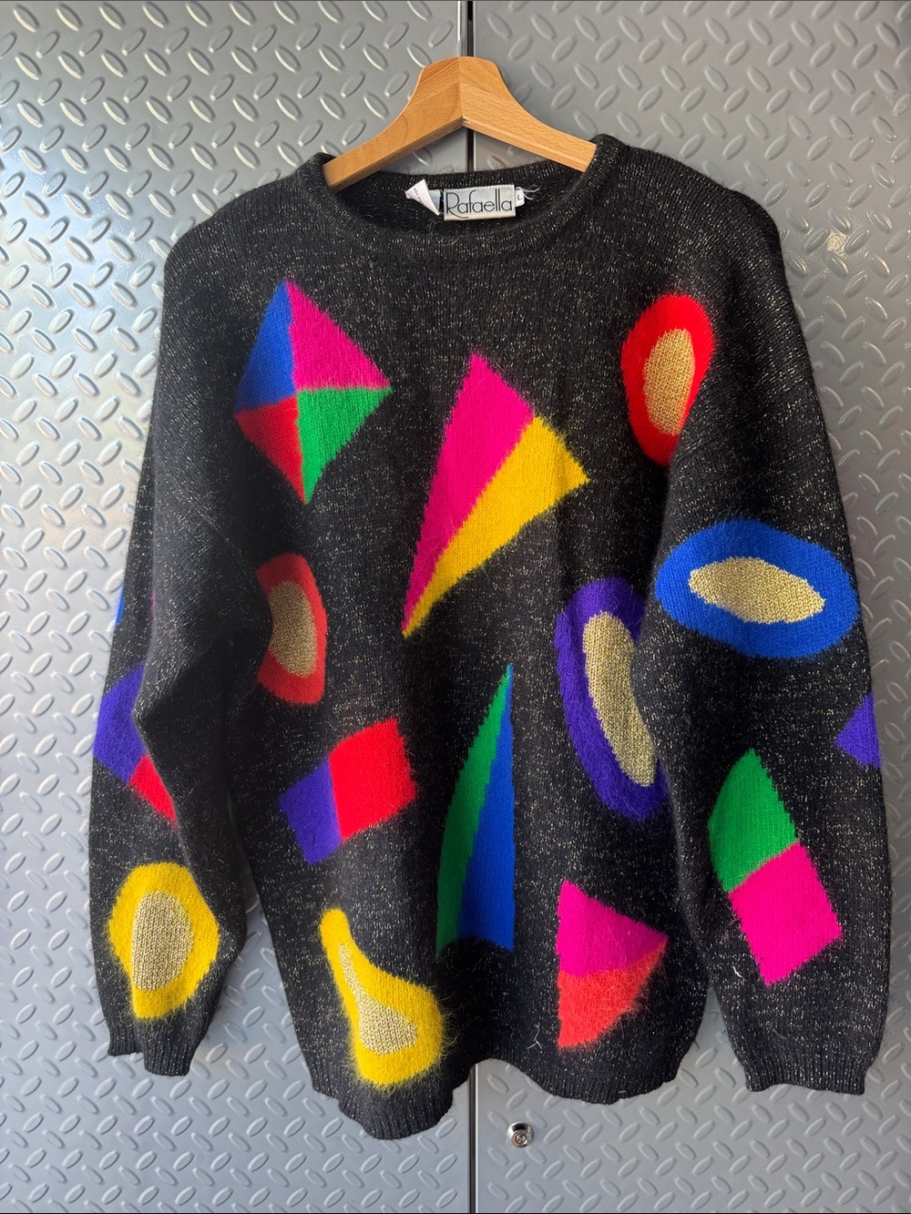 Rafaella Black Geometric Colorblock Crewneck Sweater